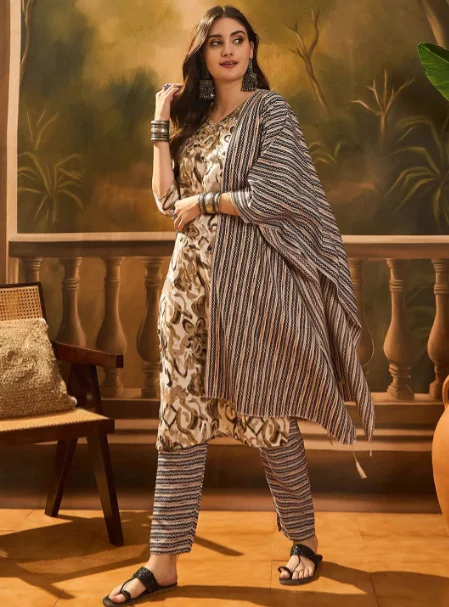 Ethnic Motifs Printed Straight Kurta With Trousers & Dupatta — Myntra offer on OfferLelo